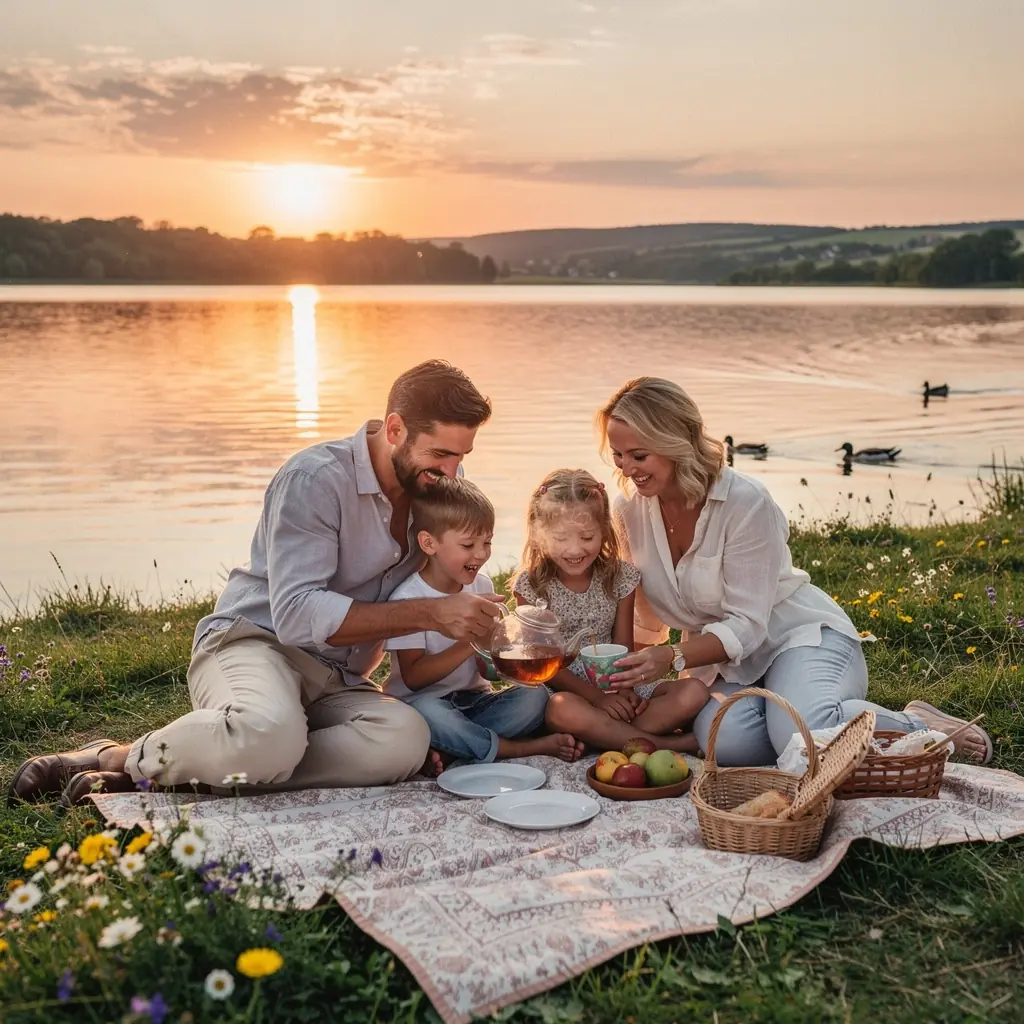 Friss citrusvirágok a teáscsésze mellett, élénk színekben.